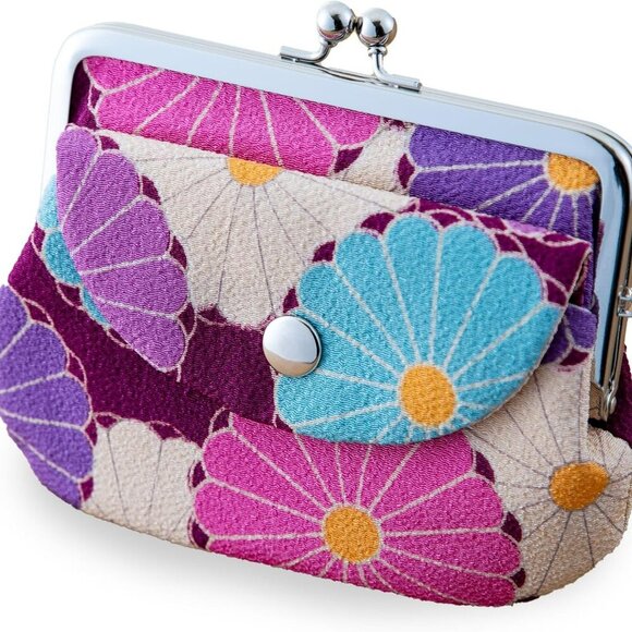 Accessories - Vintage Floral Kiss Lock Coin Change Wallet Purses KIKKA Chrysanthemum - Purple